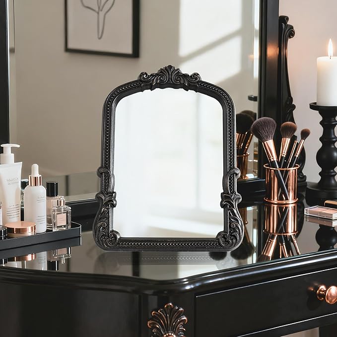 Vintage Small Black Vanity Makeup Mirror Antique Arched Baroque Tabletop Mirror Resin Frame Desktop Standing Mirror for Living Room Bedroom Dresser 9.6x12.3