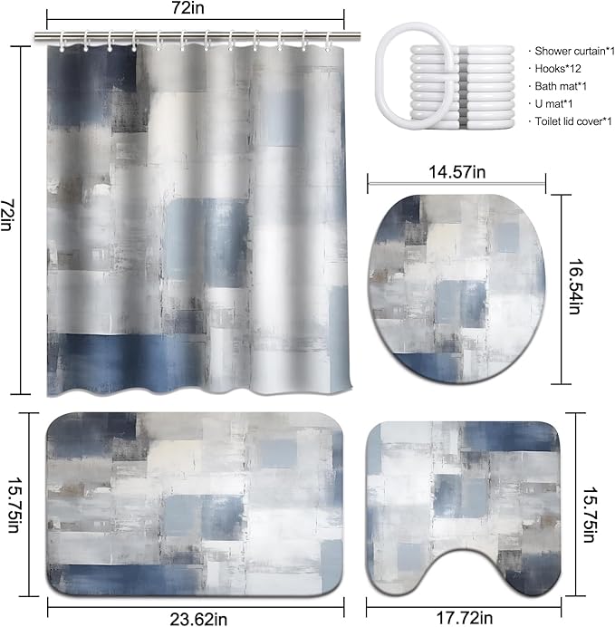 Lnond 4Pcs Bathroom Shower Curtain Sets with Rugs,Blue Grey Abstract Bathroom Sets with Shower Curtain and Rugs and Accessories