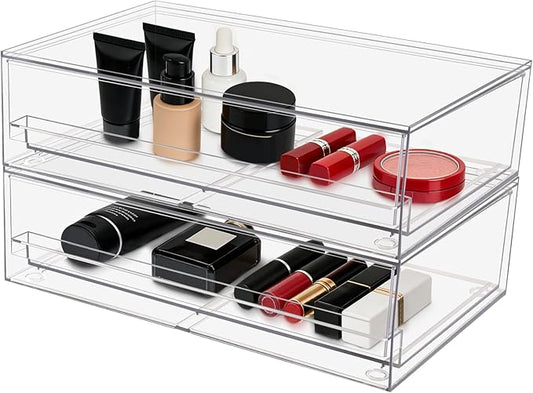 Clear Stackable Storage Drawers,2 Pack Plastic Organizers Bins for Makeup Organizer,Bathroom Makeup Organizer for Palettes,Cosmetic, and Beauty Supplies,Ideal for Vanity, Cabinet,Desk Organization