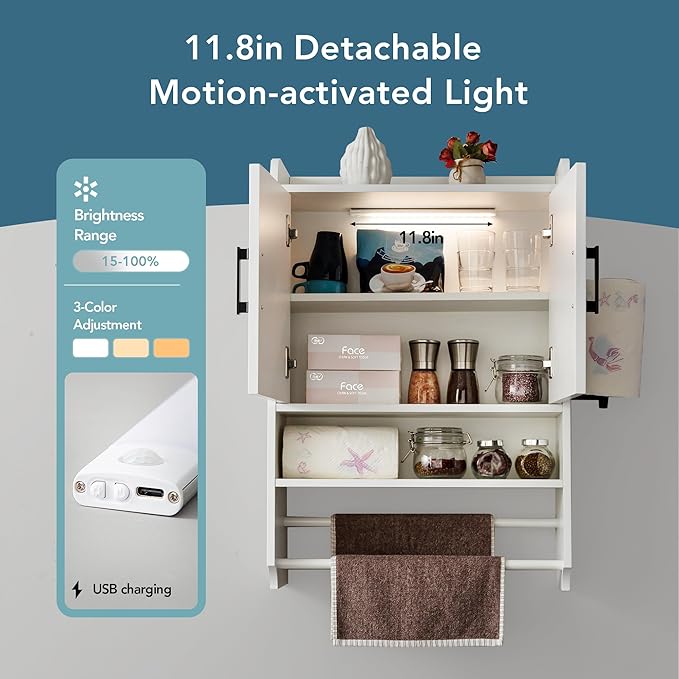 VANIRROR Bathroom Wall Cabinet with Door, Over The Toilet Wood Hanging Medicine Cabinets with DIY Lighting for Laundry Room Kitchen Storage