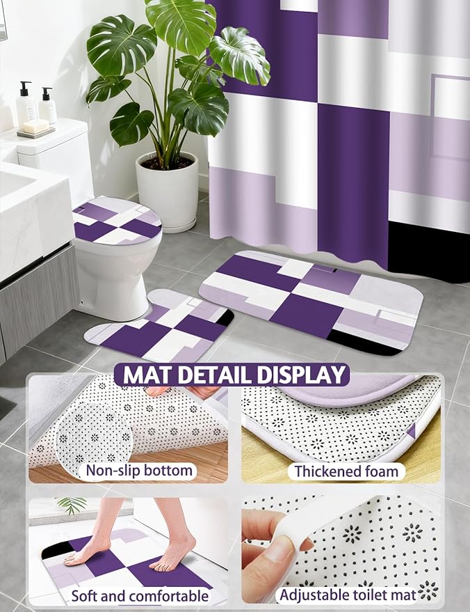 Lnond Purple Bathroom Set, 22-Piece Purple Geometic Bathroom Decor Set with with Shower Curtain and Rugs, Trash Can, Toilet Brush Holder Set & Soap Dispenser