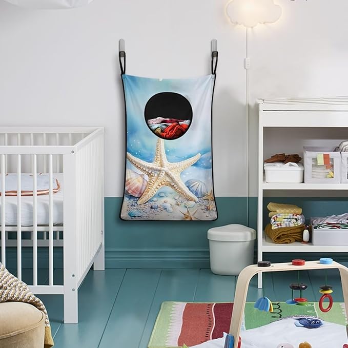 ZOUTAIRONG Beach Starfish Hanging Hamper for Dirty Clothes Over the Door Laundry Hamper Laundry Basket Hanging Shelf Closet Storage Organizer Hamper Blue Laundry Bag for Bedroom