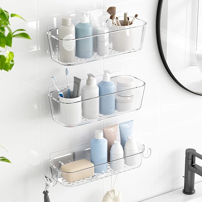 TZAMLI Clear Shower Caddy, Adhesive Shower Organizer Rustproof Shower Shelf with Razor Holder and Hook, Shower Rack for Bathroom Storage, 3 Pack