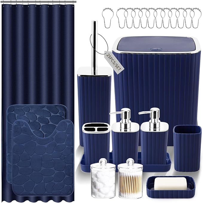 XLHOMO Bathroom Set with Shower Curtain and Rugs- 25PC Bathroom Accessory Set, Navy Blue Shower Curtain Set, Toilet Brush, Trash Can, Qtip Holder & Soap Dispenser