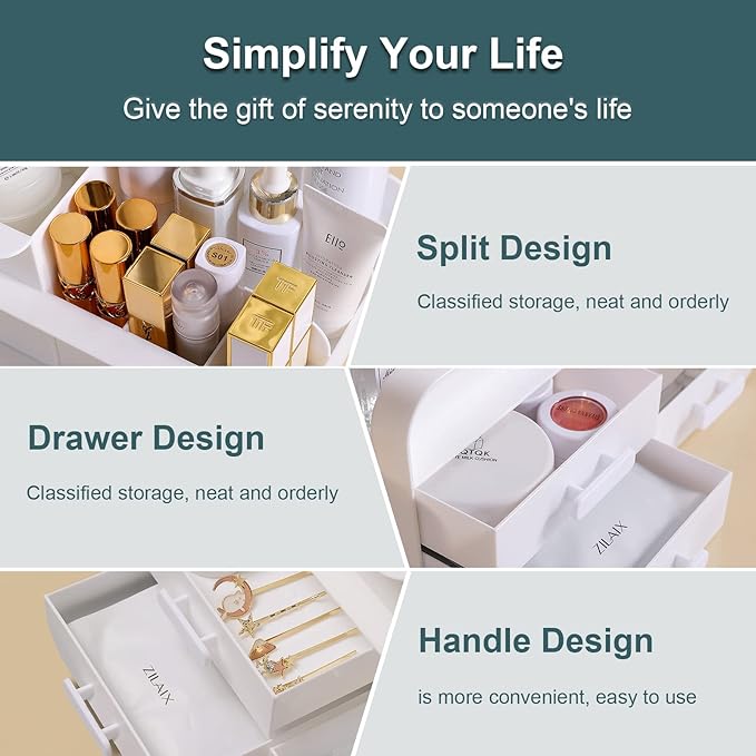Makeup Desk Organizer With Drawers, Multifunction Desk Skincare Organizer for Dressing Table, Vanity Countertop, Bathroom Counter, Lotions, Lipstick and Nail Polish (White)