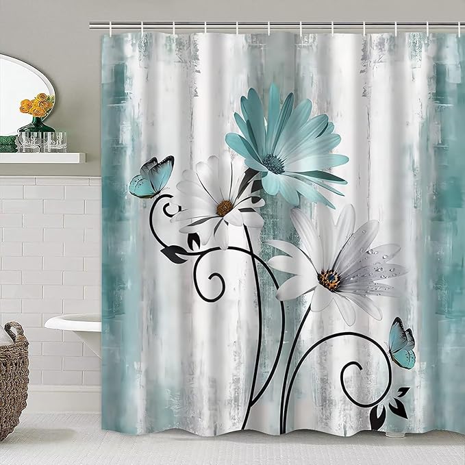 AZHM Rustic Farmhouse Shower Curtain Set 4pcs Farm Teal Daisy Floral Bathroom Decor Set with Shower Curtain and Rugs and Accessories