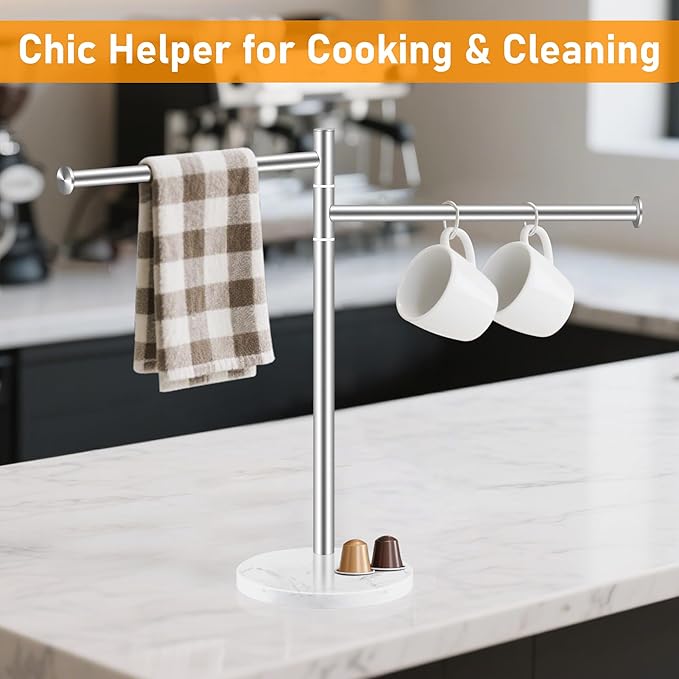 Hand Towel Holder for Bathroom, Stainless Steel Double Hand Towel Holder Stand with Marble Base for Kitchen Countertop, Freestanding Brushed Nickel 360?? Swivel 2 Arms Towel Bar Drying Rack, YOFOVI
