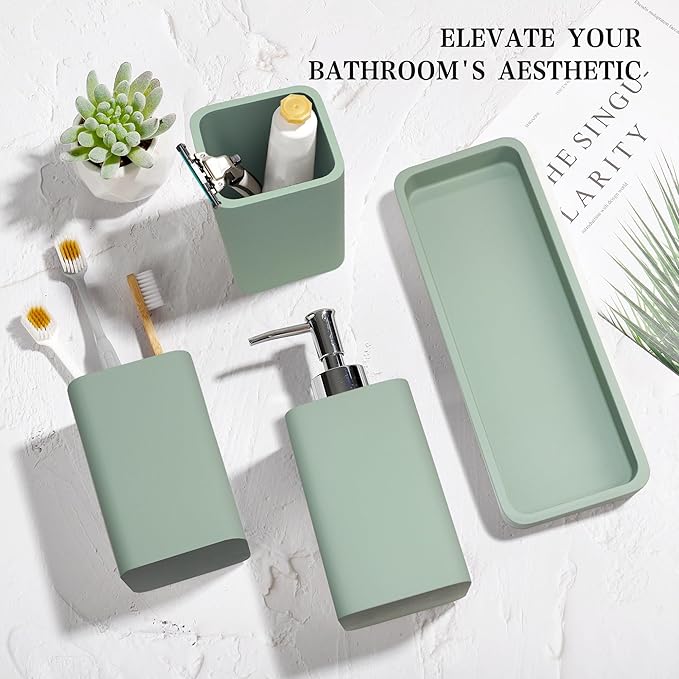YMXYJM Bathroom Accessories Set, 4 Pcs Bathroom Accessory Set, Soap Dispenser, Toothbrush Holder, Qtip Holder Set, Bathroom Sets Complete, Bathroom Sink Set for Modern Home Decor,Green