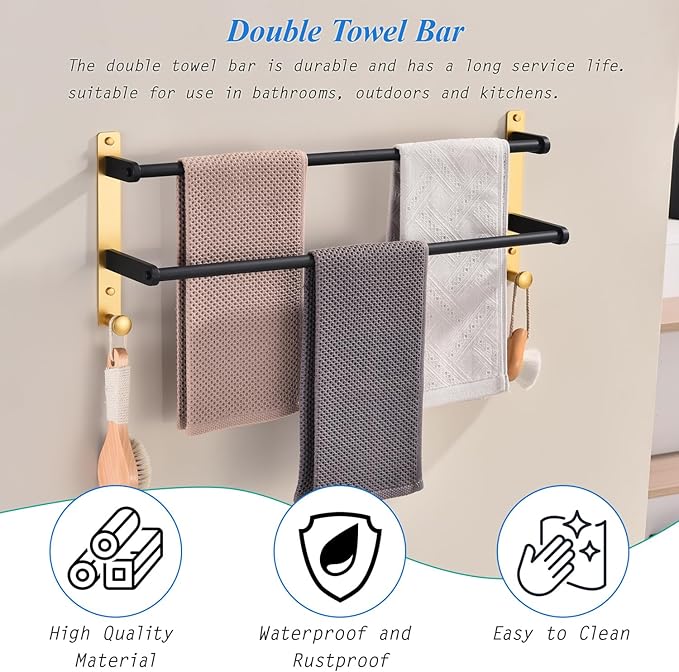 Double Towel Rack with Hooks, 24 Inch Stainless Steel Towel Bar - Wall Mounted Towel Holder for Bathroom, Black & Gold