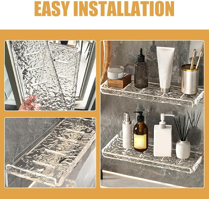 2pcs Floating Wall Storage Shelf Bathroom Organizer No Drilling Transparent Water Ripple Design Space-Saving Toiletries Rack for Kitchen and Living