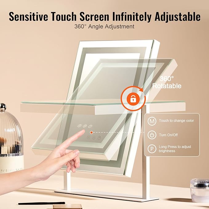 VEVOR Lighted Makeup Mirror, Three Color Lighting Modes Hollywood Vanity Mirror, Makeup LED Mirror with Lights, and 5X Magnification Mirror, Smart Touch Control, 360°Rotation (16.1x11.8 in, White)