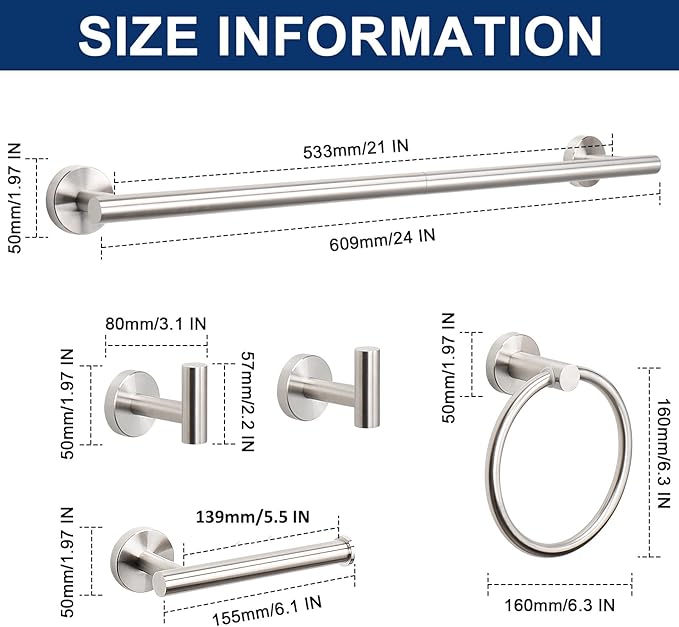 NearMoon 5 Pieces Bathroom Hardware Set SUS304 Thicken Stainless Steel-Towel Rack Kit Include 24" Towel Rod +Bath Towel Ring +Toilet Paper Holder +2 Robe Towel Hooks Bath Accessories (Nickel)