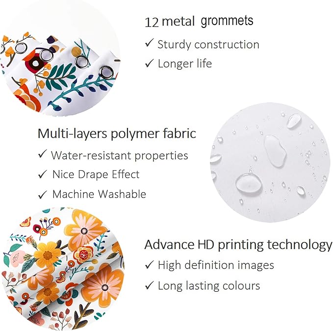 HMS Happy Memories Bohemian Plant Boho Floral Print Shower Curtain, Polyester Fabric Cloth for Bathroom Decor 72×72 Inch Standard Size with 12 Hooks, Also as Room Divider (White Orange Floral)