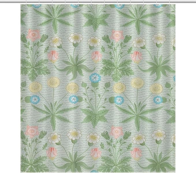 William Morris Floral Shower Curtain,Mid Century Vintage Flower Green Plant Abstract Pattern Print Shower Curtains Sets Polyester Waterproof Fabric Decor Bathroom Curtain 72"×78" Inch With 12 Hooks
