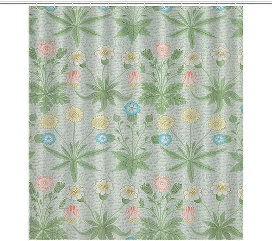 William Morris Floral Shower Curtain,Mid Century Vintage Flower Green Plant Abstract Pattern Print Shower Curtains Sets Polyester Waterproof Fabric Decor Bathroom Curtain 66"×72" Inch With 12 Hooks
