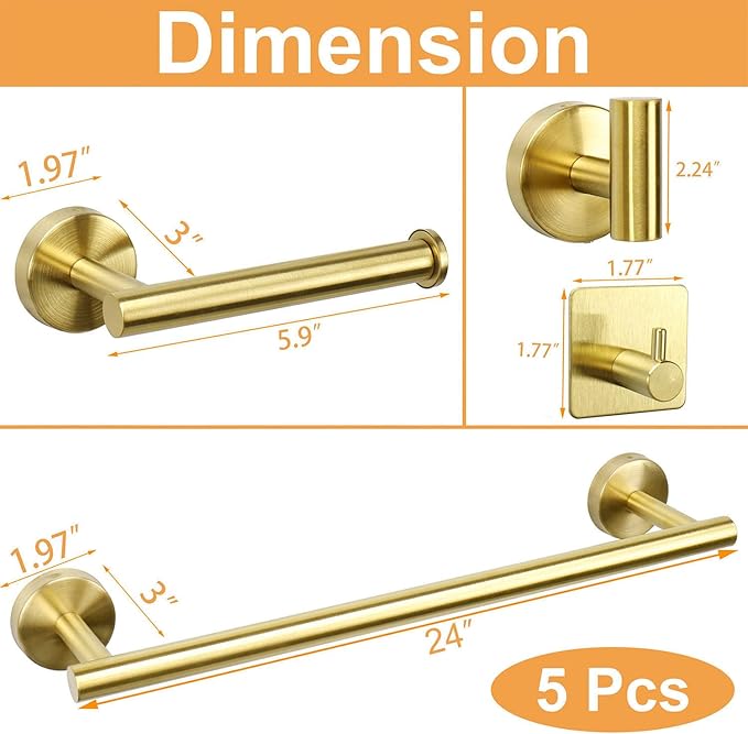 TocTen Bathroom Hardware Set, Thick Stainless Steel Bath Towel Bar Set Including Towel Rack for Bathroom+Toilet Paper Holder+3 Robe Towel Hooks Wall Mount Bathroom Accessory Set(24IN,Brushed Gold)