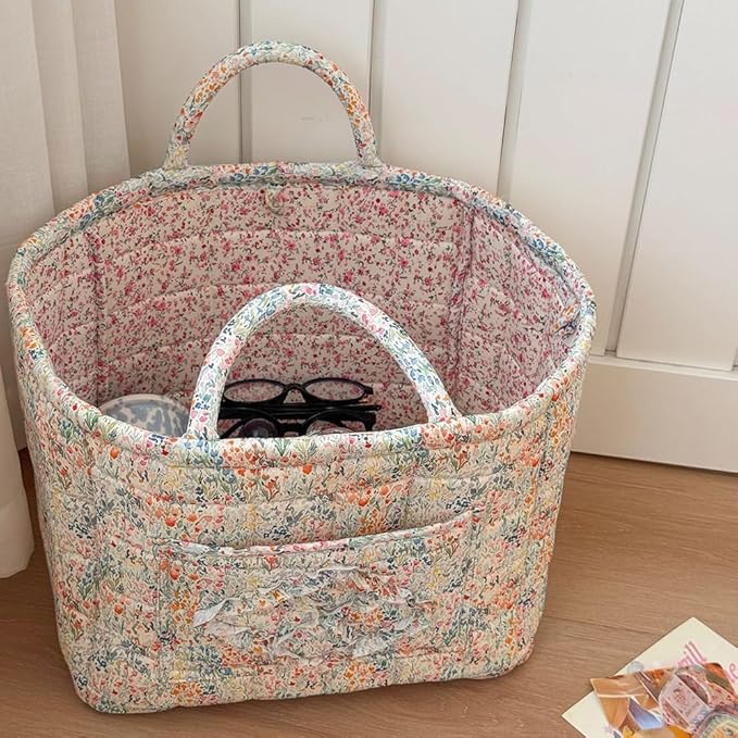 Quilted Fabric Storage Basket Boho Floral Laundry Baskets with Handles Collapsible Quilted Soft Basket for Car, Clothes, Toys Storage