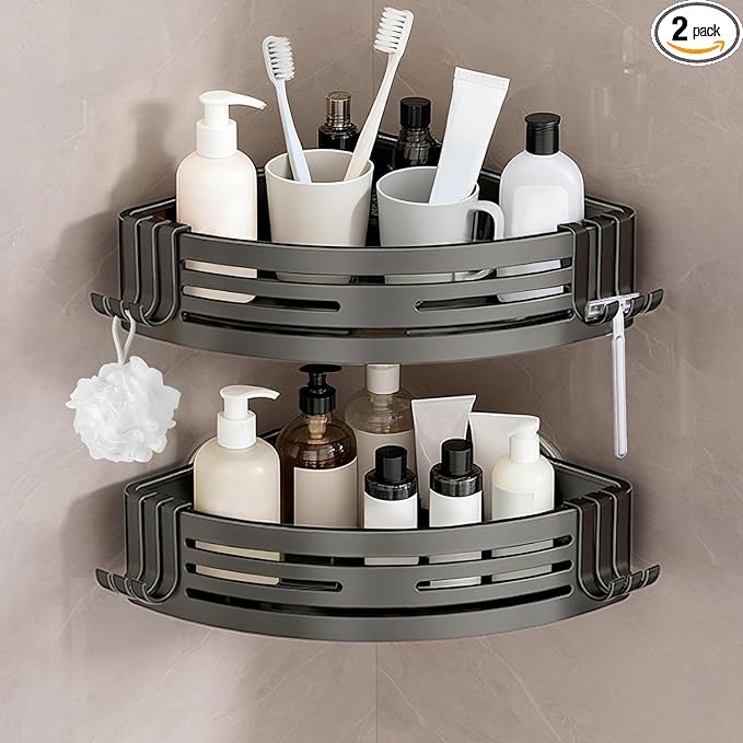 Conworld Corner Shower Caddy Suction Cups, Corner Shower Shelf for Inside Shower, Organizer Suction for Bathrooms Storage, No-Drilling Removable (Aluminum, 2-Pack, Gunmetal Gray)