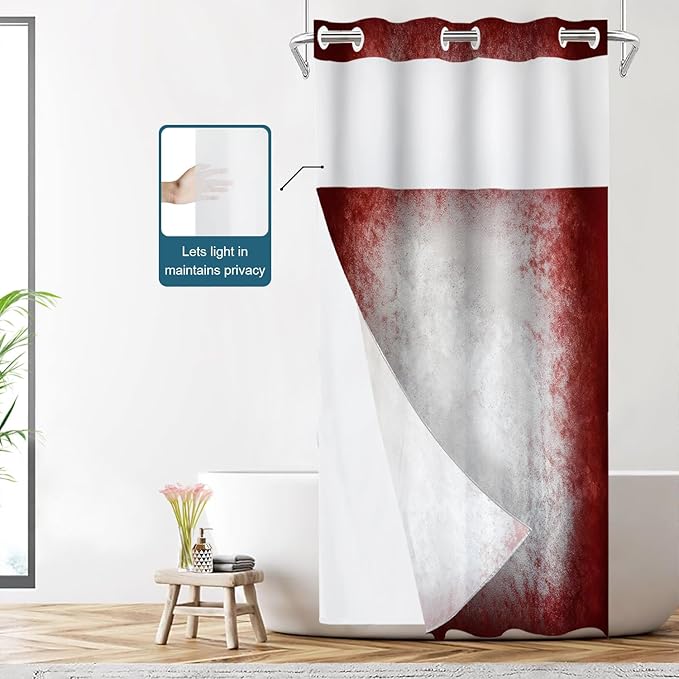 Shrahala Grey Abstract Tie Dye No Hooks Shower Curtain with Snap in Liner Set, Dark Red Modern Abstract Art Maroon Bathroom Décor Polyester Fiber Waterproof for Stall Bathtubs 35.5 X 74 in