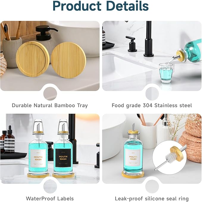 Glass Mouthwash Dispenser for Bathroom Countertop – 14oz/410ml Refillable Mouthwash Bottle with Stainless Steel Pour Spout & Bamboo Tray, Modern Decor for Home, Office, Airbnb (Clear)