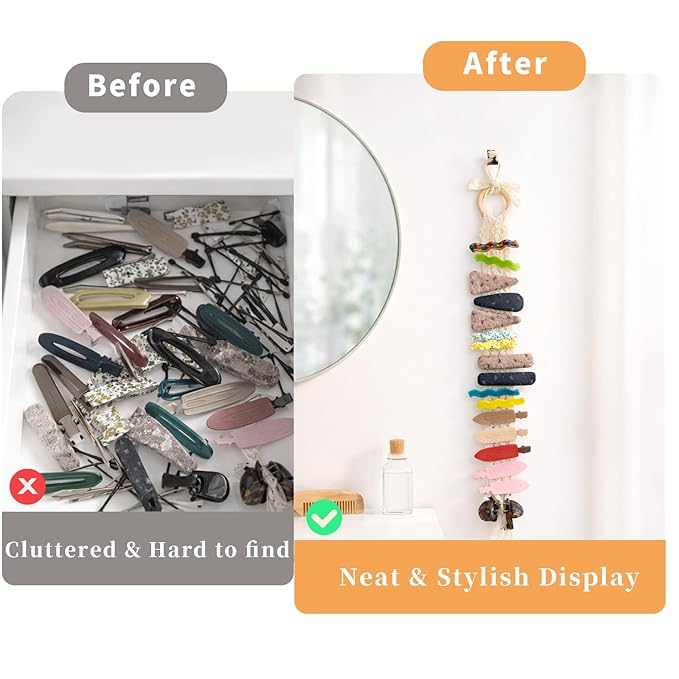 Hair Clip Storage Organizer 2 Pack, Boho Lace Hanging Hair Clip Holder for Wall & Vanity, Aesthetic Claw Clip Display for Bedroom Closet, Bathroom