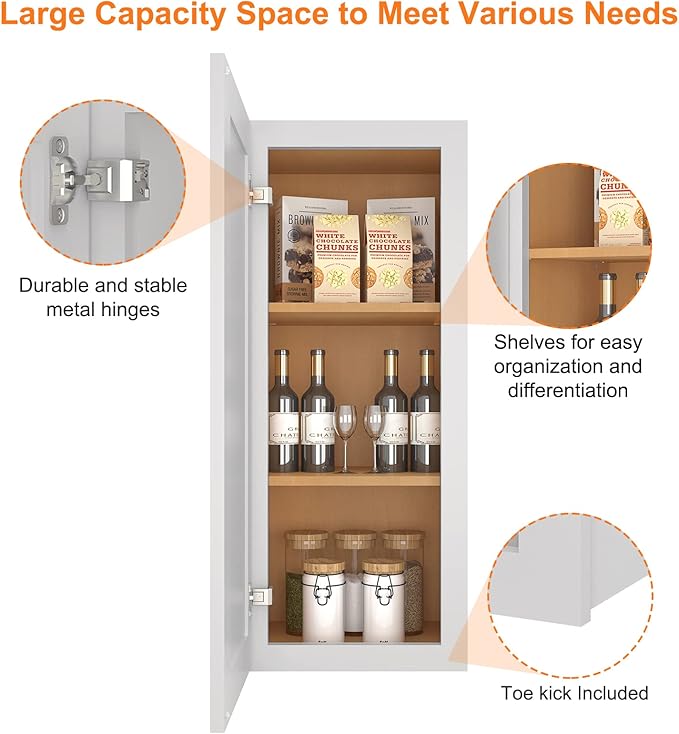 ROOMTEC Light Gray Wood Wall Cabinet, RTA Single Door Medicine Cabinet with Adjustable Shelves and Soft-Close Door for Kitchen, Bathroom, and Laundry. 12" D*15" W*36" H