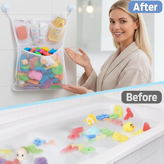 Bath Toy Storage Organizer ?€? Large Mesh Bath Toy Holder & Bath Toy Net for Tub, Quick Dry Bathtub Bag with 2 Strong Suction Cups, 2 Adhesive Hooks, Quick-Dry Hanging Shower Cubby Basket, 14x20 Inch