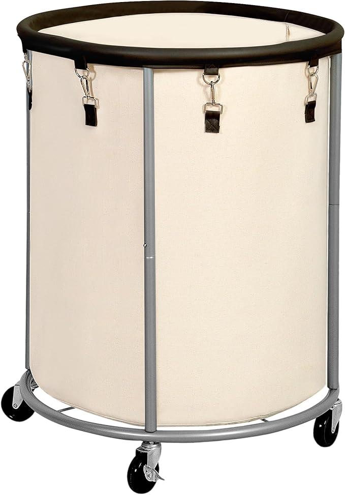 STO STO Rolling Laundry Hamper with Wheels – 185L (48 Gallon) Extra Large Industrial Clothes Laundry Basket with Removable Bag, Round Cart Sorter for Bedroom, Hotel, Beige & Brown