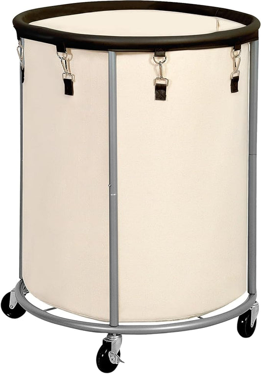STO STO Rolling Laundry Hamper with Wheels – 185L (48 Gallon) Extra Large Industrial Clothes Laundry Basket with Removable Bag, Round Cart Sorter for Bedroom, Hotel, Beige & Brown
