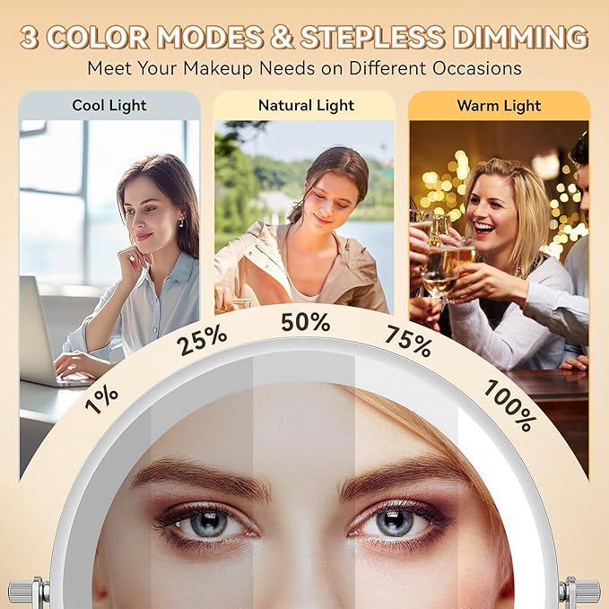 Auxmir 8'' Wall Mounted Lighted Makeup Mirror, 3200mAh Rechargeable Double-Sided 1X/20X Magnifying Mirror with Light, Touch Dimmable 3 Color Light, 360° Rotation Foldable Extended Arm, Chrome