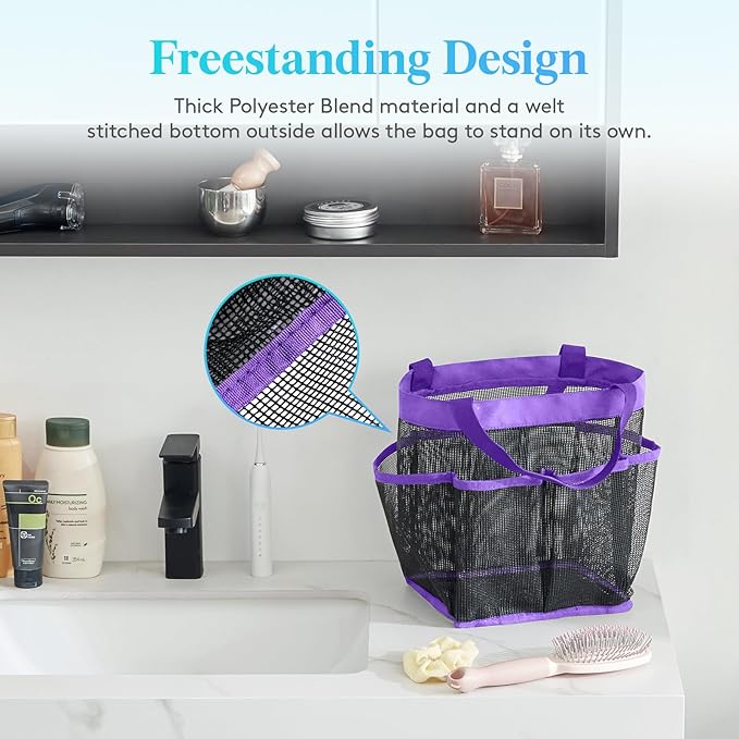 Lifewit Mesh Shower Caddy Portable for College Dorm Room Essentials with 7 Pockets, Freestanding Hanging Organizer Basket, Quick Dry Tote Bag for Camping, Bathroom, Beach, Travel, 1 Pack, Purple