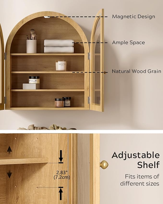 EYYTHUNG Modern Arched Wall Cabinet, Large Bathroom Medicine Wall Mounted Cupboard, Farmhouse Floating Storage Cabinet with Acrylic Door Adjustable Shelf, Wood Organizer (Natural Oak)