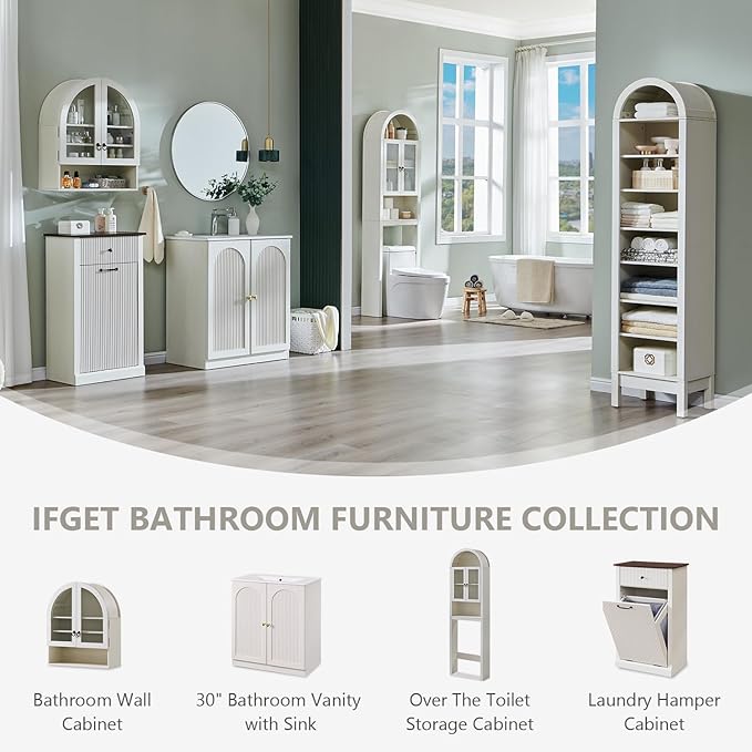 IFGET Bathroom Arched Wall Cabinet, 23.6'' Wide Medicine Cabinet with Adjustable Shelves & Glass Doors, Over The Toilet Storage Wall Mount Cabinet for Laundry Room,Kitchen & Living Room, Antique White