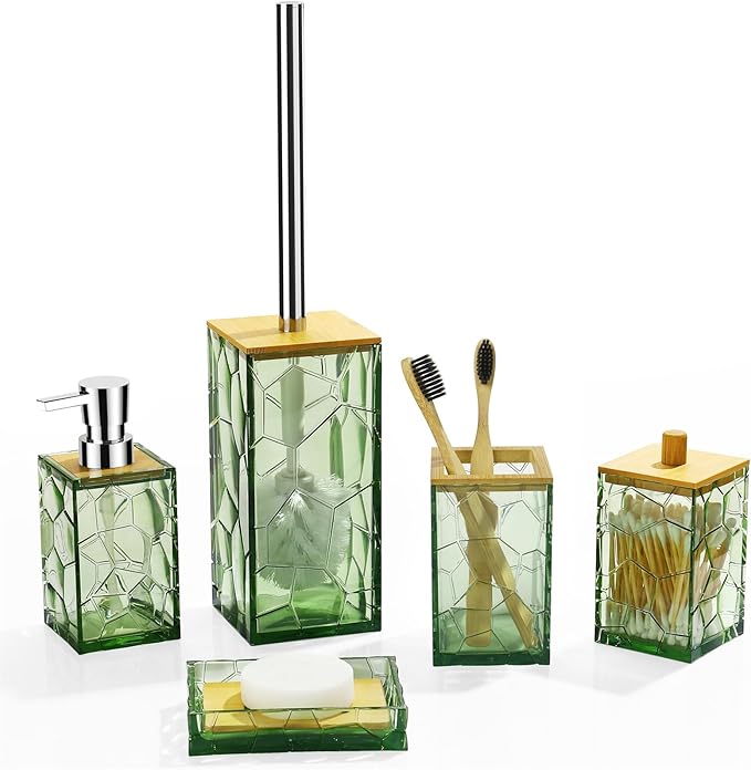 GAHEFY Sage Green Bathroom Accessories Set, Toothbrush Holder, Soap Dispenser, Cotton Swabs Holder, Soap Dish, Toilet Brush with Holder, Boho Bamboo Bathroom Decor,Acrylic (Green)