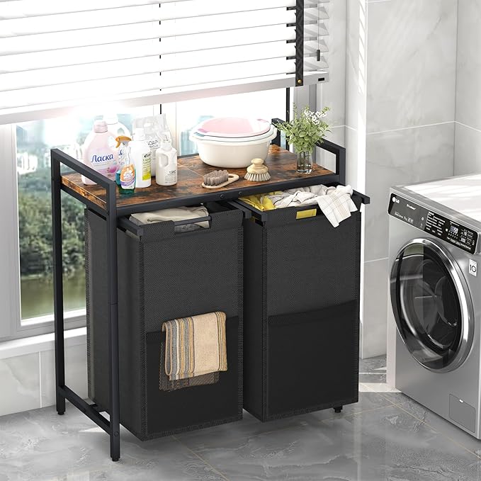 Huhote Laundry Hamper, double Laundry Basket, Laundry Sorter with Top Shelf & 2 Removable Washable Bags & Side Pockets for Laundry Room organization, Bathroom and Dorm, Rustic Brown and Black