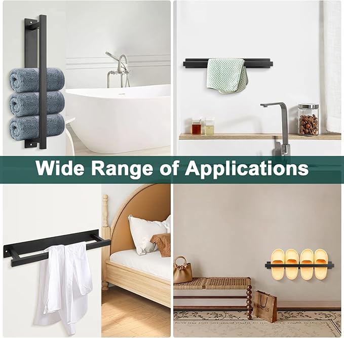 Self Adhesive Towel Bar, 16 Inch Square Towel Racks for Bathroom Wall Mounted SUS304 Stainless Steel Towel Hanger for Kitchen, No Drill or Screw-Mounted Towel Holder (Matte Black)