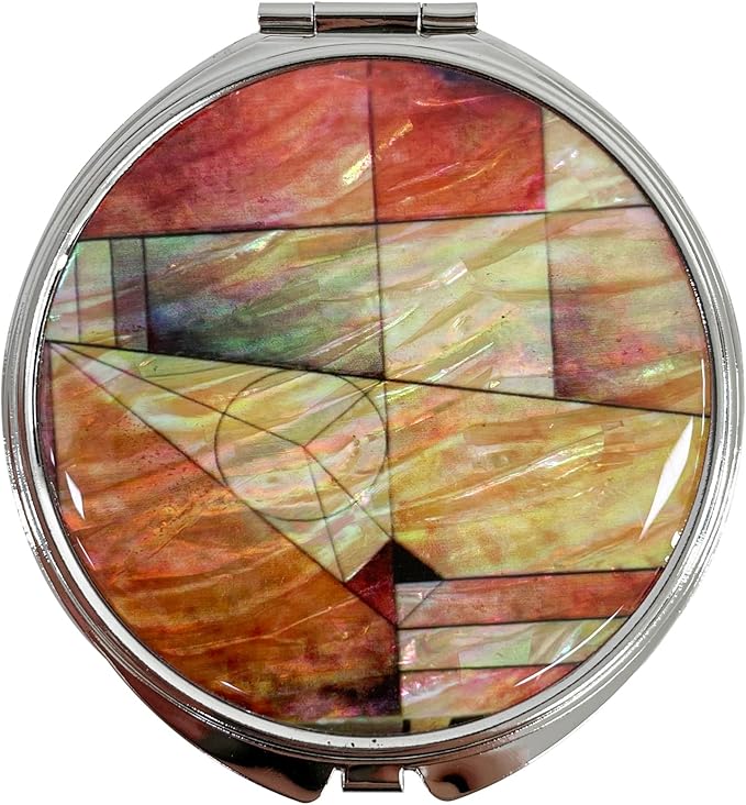 Portable Makeup Compact Double Magnifying Mirror Cosmestic Foldable Pocket Style Unique Mother of Pearl Design (Patchwork)