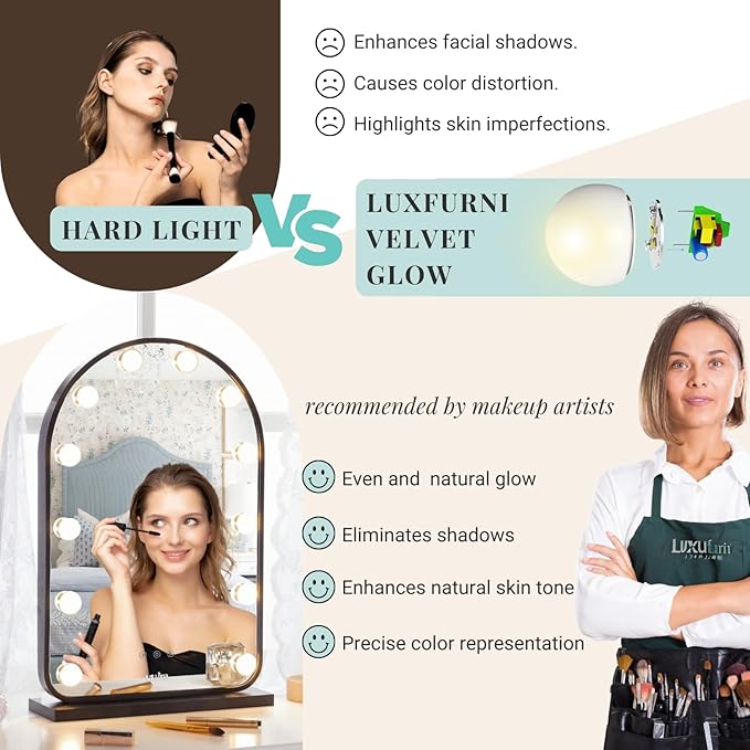 LUXFURNI Hollywood Mirror with Lights Makeup Mirror for Bedroom, Vanity Arched Mirror with 12 Dimmable Bulbs Smart Touch Control 3 Color Lighting Modes, Black