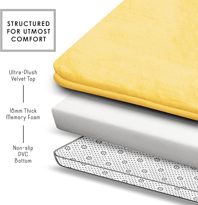 Clara Clark Bathroom Rugs, Velvet Memory Foam Bath Mat, Non-Slip, Machine Washable Bath Rugs - Dries Quickly, Ultra Soft Plush Bath Mats for Bathroom, 20 x 24, Mellow Yellow
