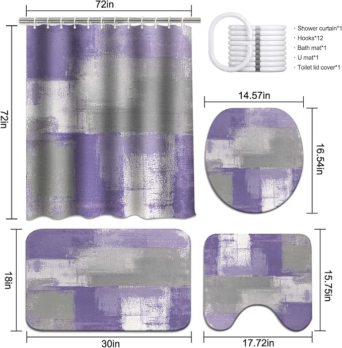 Lnond 4Pcs Purple Bathroom Shower Curtain Sets with Rugs, Purple and Grey Painting Art Bathroom Sets with Shower Curtain and Rugs and Accessories