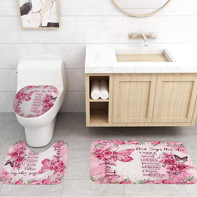 4 Pcs Pink Butterfly Inspirational Quotes Shower Curtain Set with Rugs, Toilet Lid Cover and Bath Mat, Bible Verse Floral Bathroom Decor Set Accessories, Colorful Boho Shower Curtain with 12 Hooks