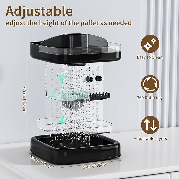 360 Rotating Makeup Organizer for Vanity & Countertop, Clear Adjustable Height Tiered Cosmetic and Skincare Storage, Spinning Perfume and Brush Holder, Jewelry Accessories Desktop Organizer, Black