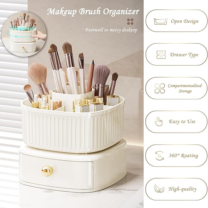 360 Rotating Makeup Brush Holder, 5 Slots Makeup Desk Organizer, Cosmetic Display cases With drawer, Makeup Organizer for Vanity, Bedroom Decor, Bathroom Organizer