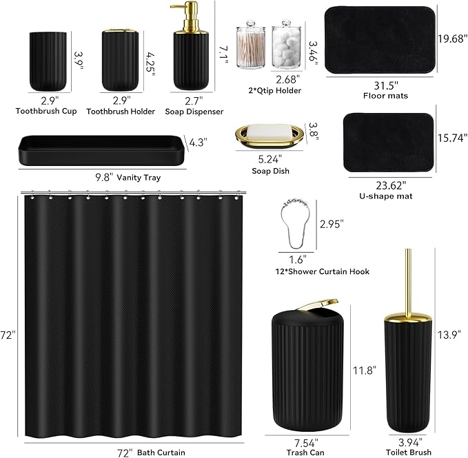 Black and Gold Bathroom Set with Shower Curtain and Rugs, Bathroom Accessories Sets with Extra Soft and Absorbent Bath Rugs Shower Curtain Black Bathroom Sets for Bath