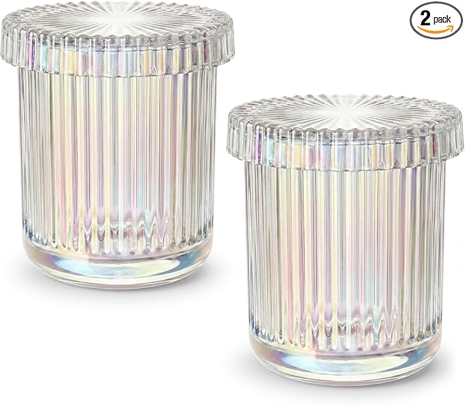 2 Pack Qtip Holder - Apothecary Jars with Lids, Bathroom Organizers and Storage Canister for Cotton Balls,Swabs,Floss Picks,Hair Ties,Clear Glass Vintage Bathroom Decor Jar Set (Iridescent)