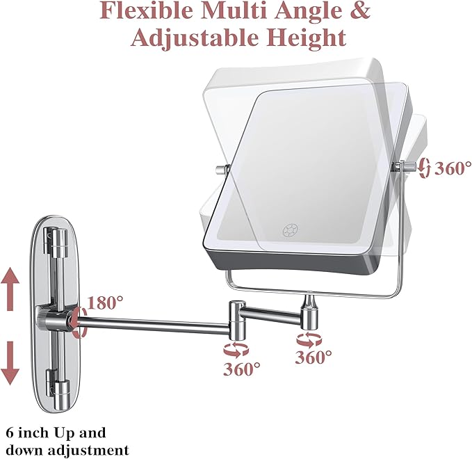 Wall Mounted Lighted Makeup Mirror, Rectangle Double Sided 1X/7X Magnifying Bathroom Height Adjustable Mirror, Rechargeable 3 Color and Dimmable Lights, Extended Arm 360 Rotation Shaving Vanity Mirror