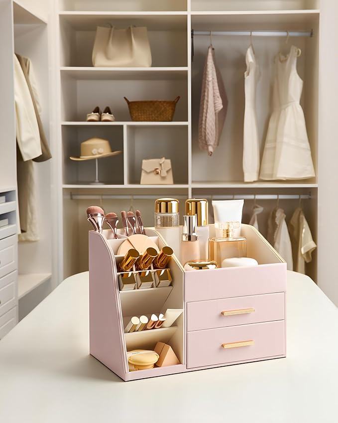 Lolalet Makeup Organizer with Drawers, PU Leather Spacious Skincare Holder Lipsticks Perfume Brushes Beauty Essentials Display Case for Vanity Dresser Countertop Bathroom Easy to Clean -Pink