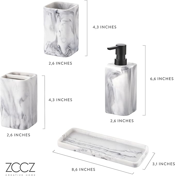 ZCCZ Bathroom Accessory Sets, 4 Pieces Bathroom Accessories Complete Set Vanity Countertop Accessory Set with Marble Look, Includes Lotion Dispenser, Toothbrush Holder and Tray (White Marble Look)