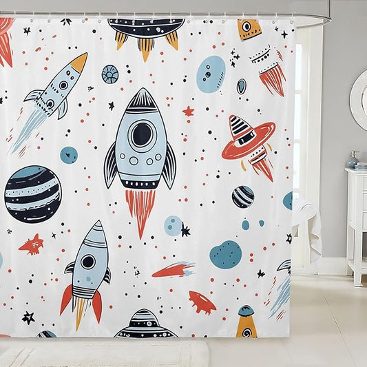 Feelyou Kids Rocket Shower Curtain Set - Boys Universe Planet Bathroom Adventure Bath Curtain - Space Ship Design - Waterproof Room Decor - 72"x84"