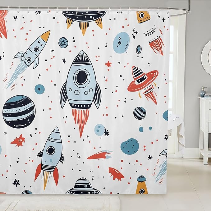 Feelyou Kids Space Rocket Shower Curtain Boys Universe Planet Bathroom Shower Curtain Set for Children Outer Space Adventure Bath Curtain Space Ship Design Waterproof Room Decor 72"x78"